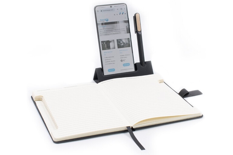 Notebook with Integrated Phone Stand & Pen Holder
