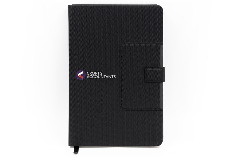 Notebook with Integrated Phone Stand & Pen Holder